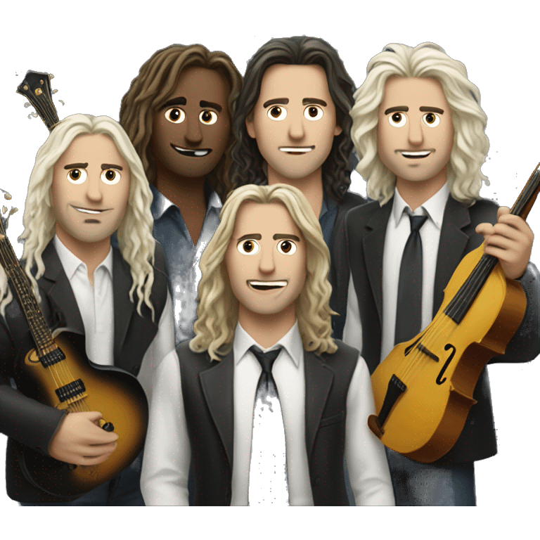 4 white men rocking with musical instruments in with all long hair  emoji