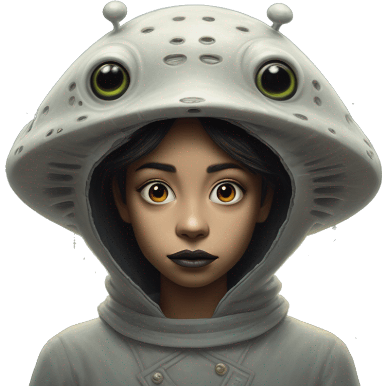 Wholesome UFO alien in Totoro style, oil paint, black eyes, intricate lips, masterpiece portrait, beautiful, desirable, logical, love, peace, understanding emoji