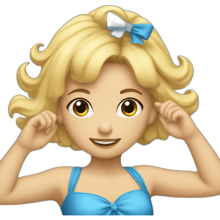 little blonde girl dancing in a blue bird costume emoji