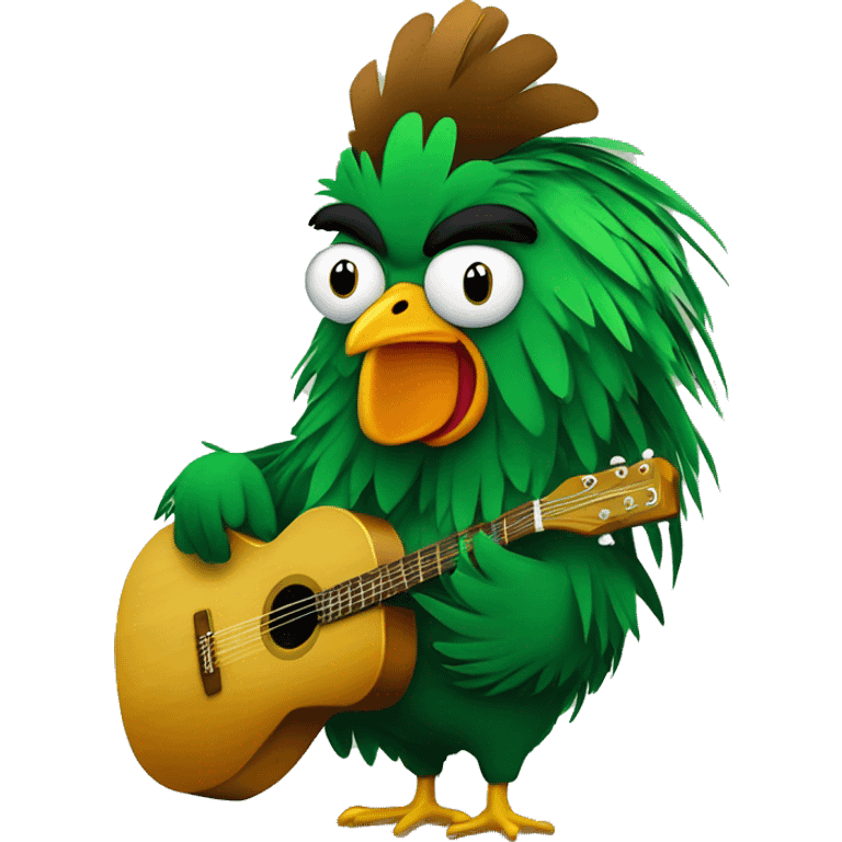 Guitarist rooster with shiny green body feathers and brown neck feathers emoji