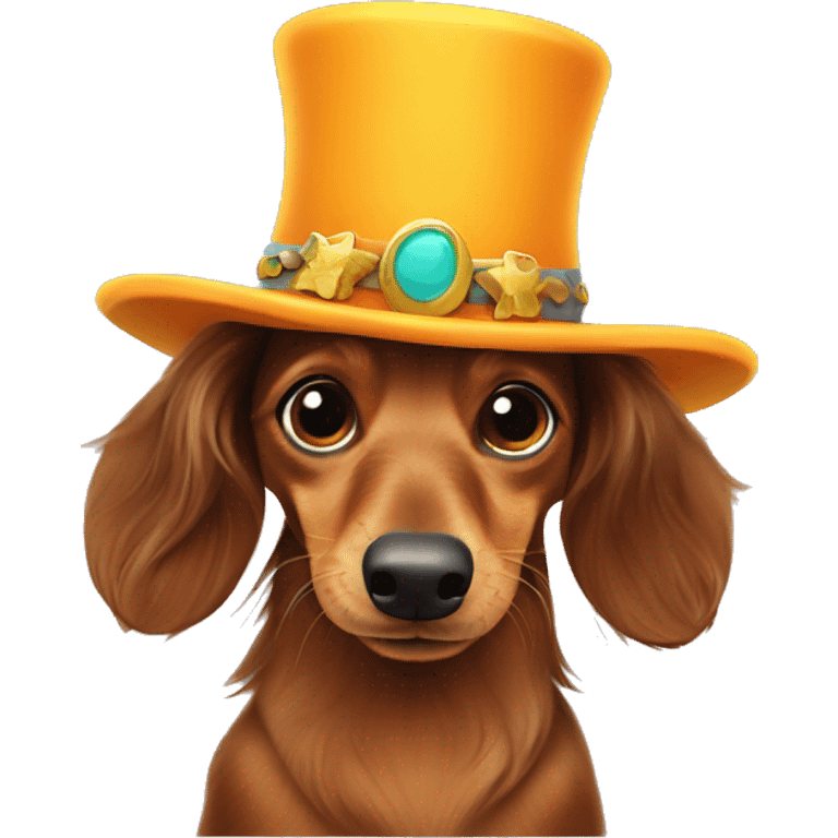 Longhaired dachshund with a crazy hat keepin his thumb up emoji