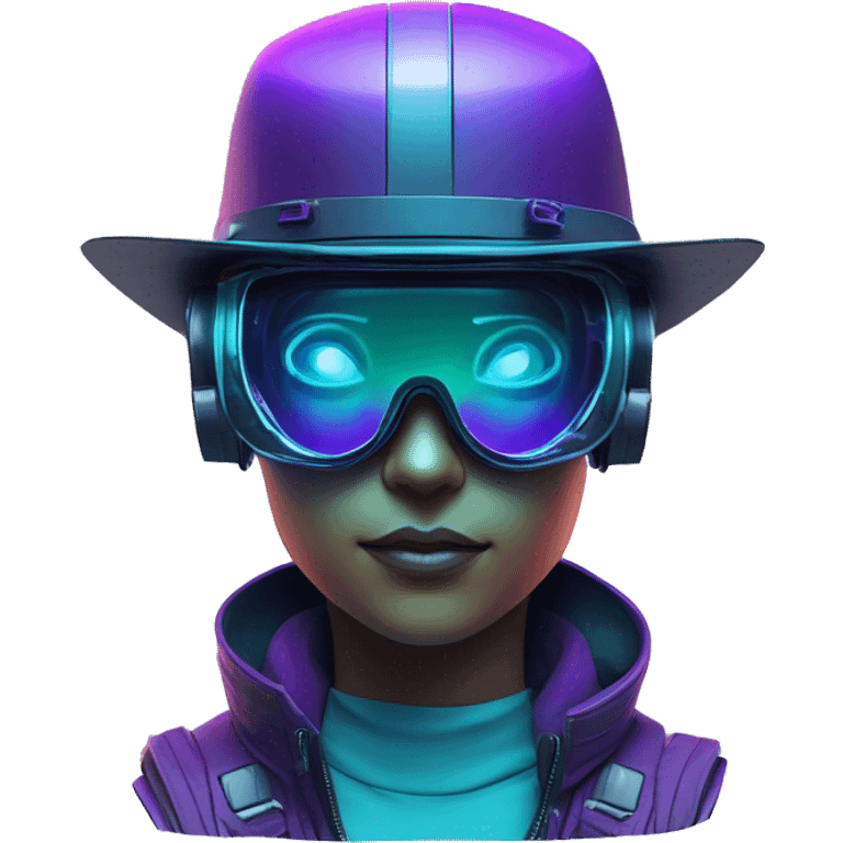 Secret humanoid agent in a futuristic hat with in Apple VR goggles headset code display on the goggles , cyberpunk, cyan and purple colors, only upper body portrait, front facing the camera  emoji