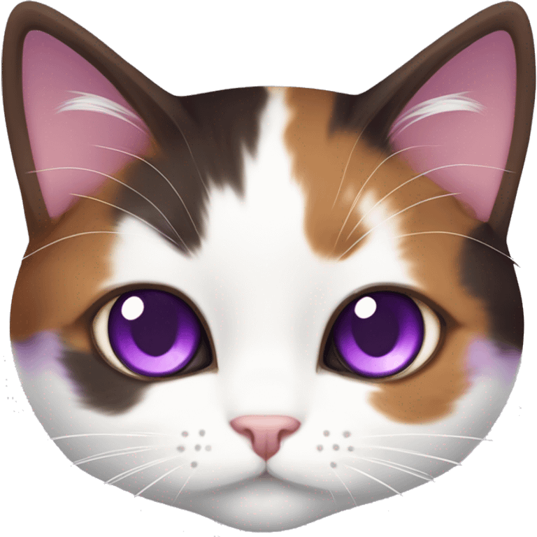 Calico cat with purple eyes and white pupils, dark brown, red, and white color, Munchkin fluffy cat, purple eyes emoji