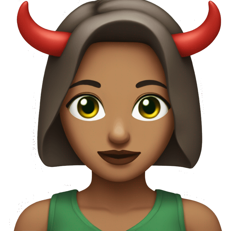 Woman with brown hear green eyes red lips with horns on the head emoji