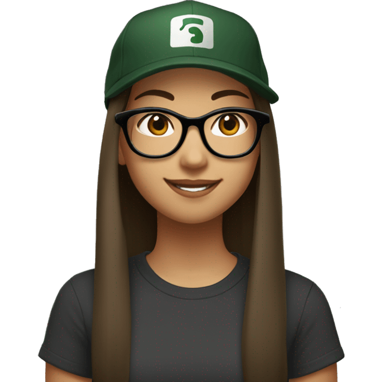 Look from side, asian girl, light skin, smiling with teeth, black eyes, spotted frame glasses, long brown straight hair with highlighted strands, black T-shirt, dark green cap. emoji