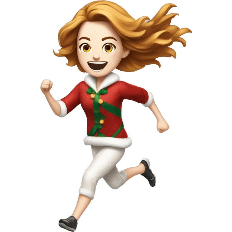 Emma Stone running, with a large stride and arms outstretched, long golden brown hair, wearing an Christmas outfit emoji