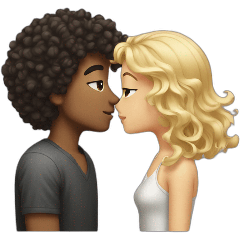 dark curly hair boy kissing a blond straight hair girl emoji