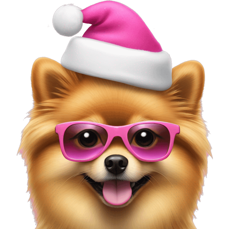 Pomeranian dog with sunglasses and a cute pink Christmas hat emoji