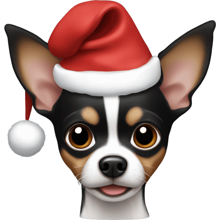 Black chihuahua with brown and white fur wearing a Santa hat emoji