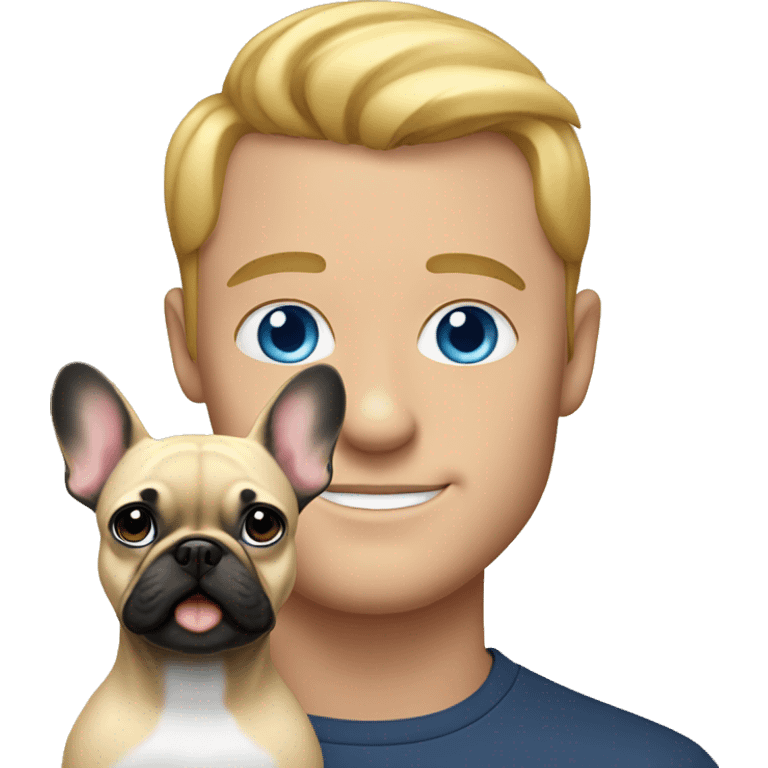 Man with blue eyes holds a blonde frenchie  emoji