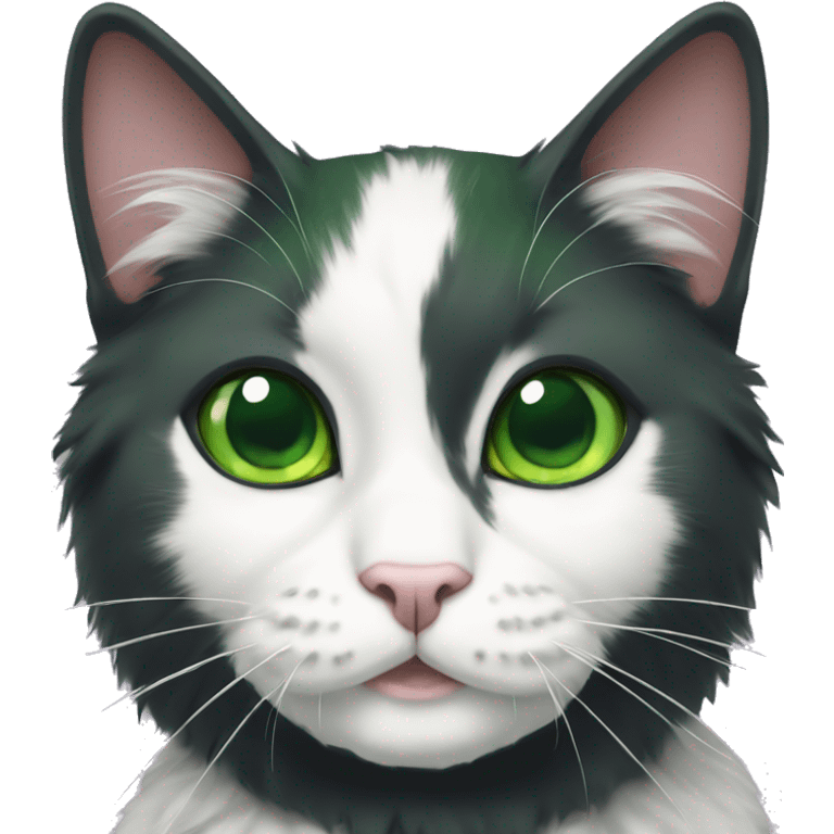 fluffy tuxedo cat with green eyes and green collar emoji