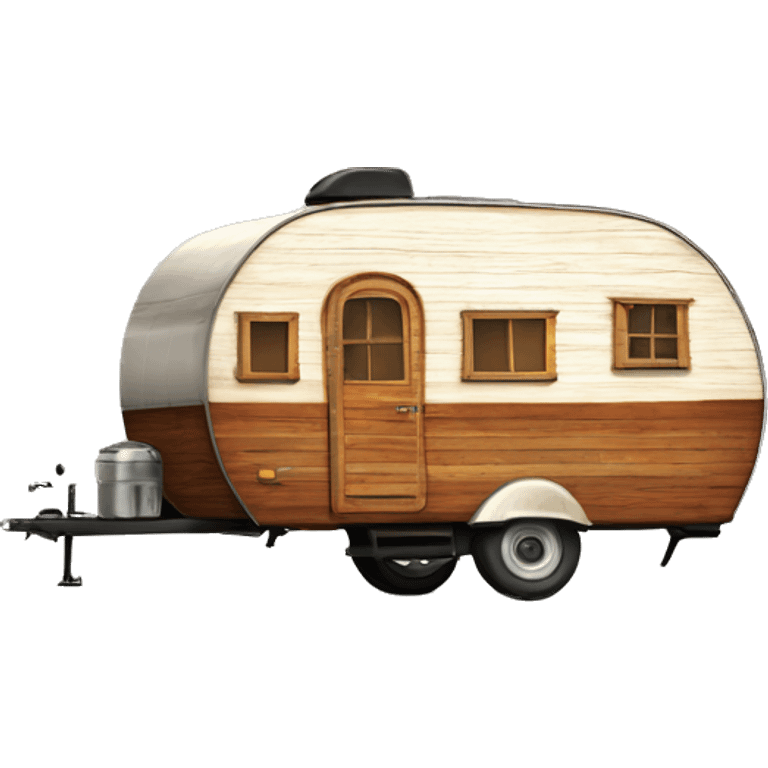 Realistic angle view vintage round wooden gypsy travel trailer isolated.  emoji