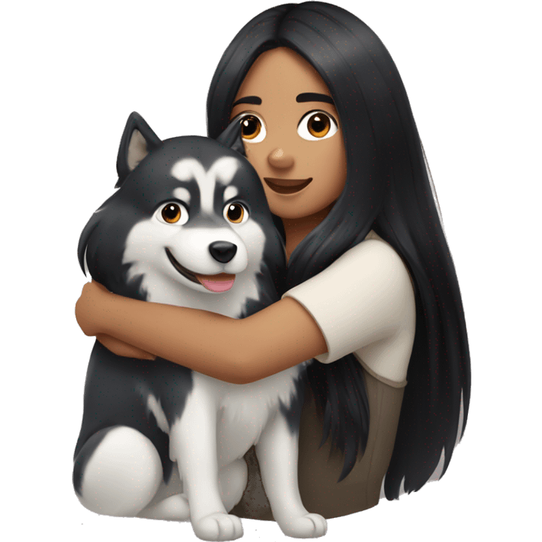 girl with long black hair hugging a husky emoji