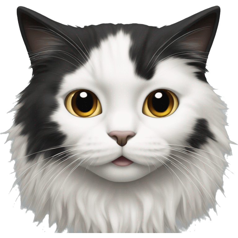 long haired cat half black half white with black mouth emoji