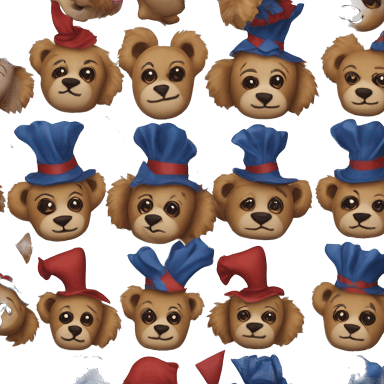 Brown Teddy bear. Harlequin. Red and Navy. Sitting down. Jester. Harley Quinn bear. Jester ruffles. Diamond shapes.  emoji