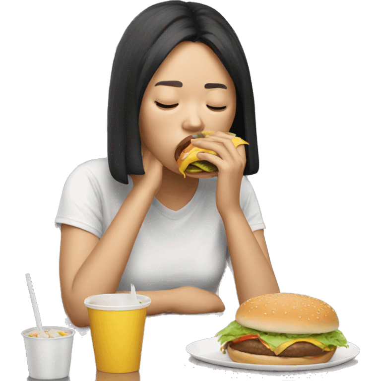 Hungover asian girl eating a burger emoji