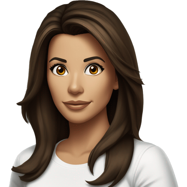 3/4 face, contrasted, shadow, light, Eva Longoria expression, standing from a distance, thin nose, brunette woman, hazel eyes, long eyelashes, dark shoulder shaded hair, white t-shirt, jeans, white sneakers emoji