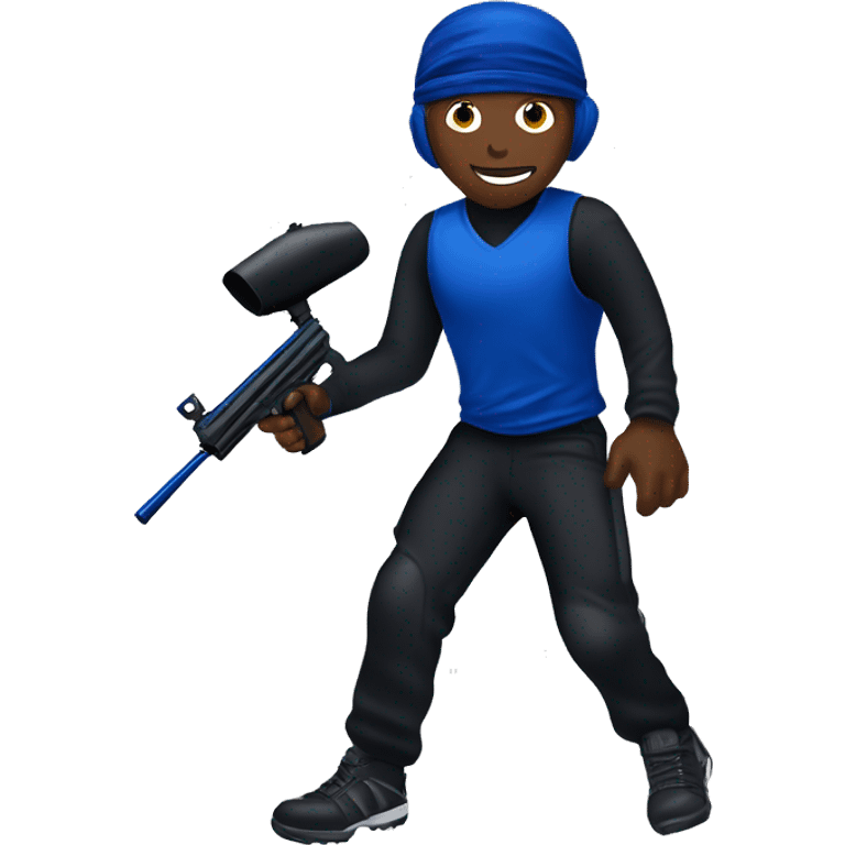 Brown skin paintball player wearing a black head band, dark blue long sleeve jersey, black pants, and running with a paintball gun in hand  emoji