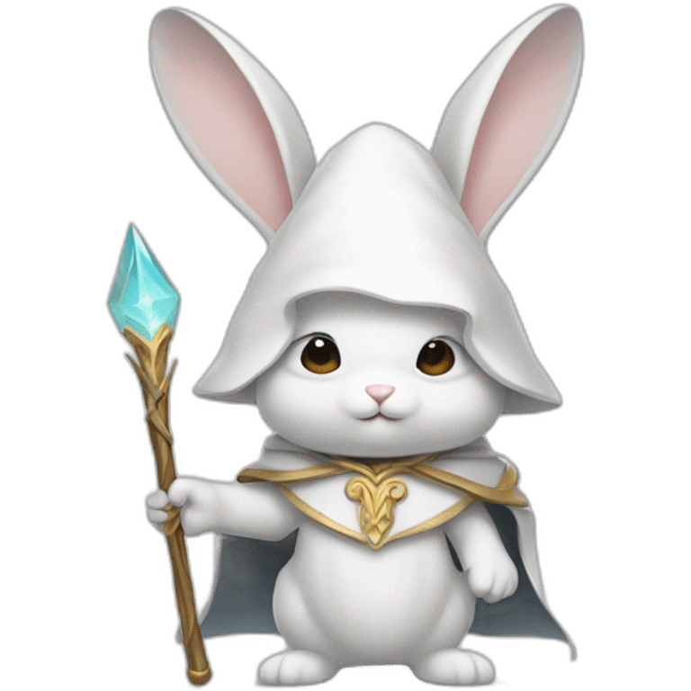 White wizard bunny with big ears, white cloak, staff and hat emoji