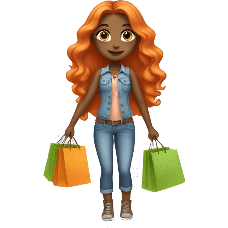 Tan girl with long orange hair wearing cute outfit holding shopping bags emoji