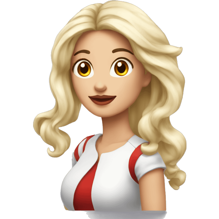 Mujer blanca cabello largo medio cafe rulos boca roja emoji