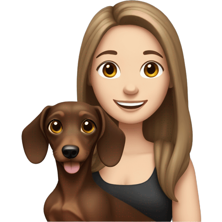 White girl with long dark brown hair holding ja dachshund and smiling emoji