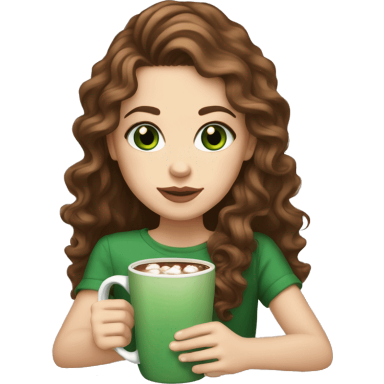 White Girl with Green Eyes, Long brown hair with curls and a Hot chocolate  emoji