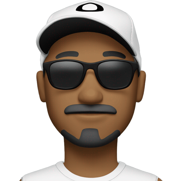 Create me white with mustache and goatee wearing black Oakley sunglasses and new era black cap  emoji