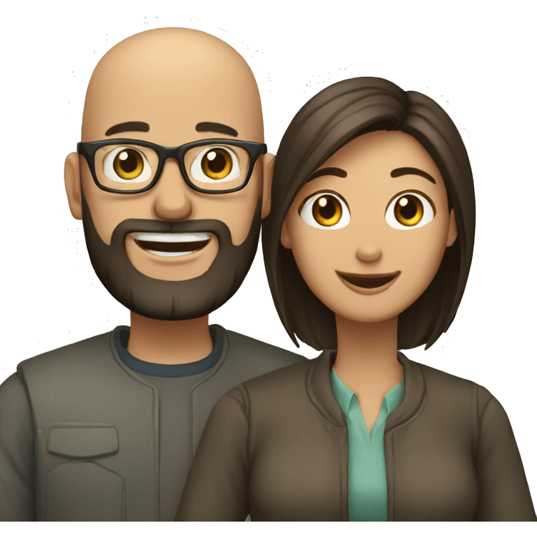 a couple, a man is bald and wearing glasses and beard. The woman has  dark, long  hair and smiling showing teeth. The woman is not wearing glasses. emoji