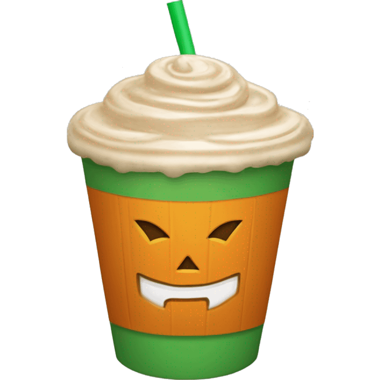 pumpkin shape cup with iced pumpkin spice latte and a green straw emoji