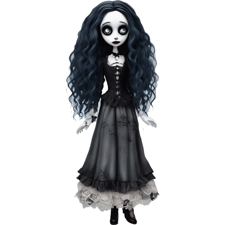 full height, tim burton "corpse bride", porcelain doll with a cracked face, goth makeup watery eyes, long hair, lace and ruffles, lolita style, inked, black and white, red roses emoji