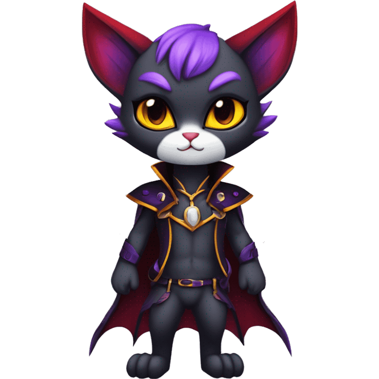 Anthro-Cute-Edgy-Cool-Vampiric-Batty-Cat-Black-Purple-Red-Grey-White-Yellow-Contrast-Colors-Fantasy-Fur-Sona-Chibi-Shiny-Fakémon-Hybrid with horns and fangs and collar full body emoji