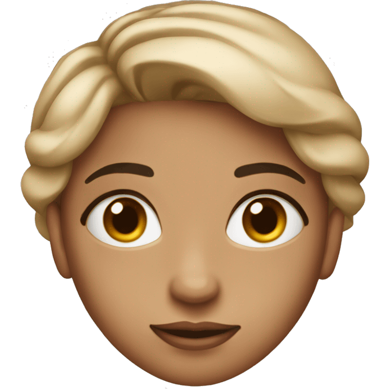 The woman has a face with soft and harmonious features. Her skin is clear, and her eyes are large and almond-shaped, projecting a kind look. She has defined eyebrows that frame her face well. emoji