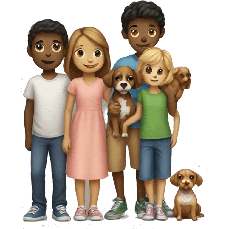 Four children and a small dog holding hands emoji