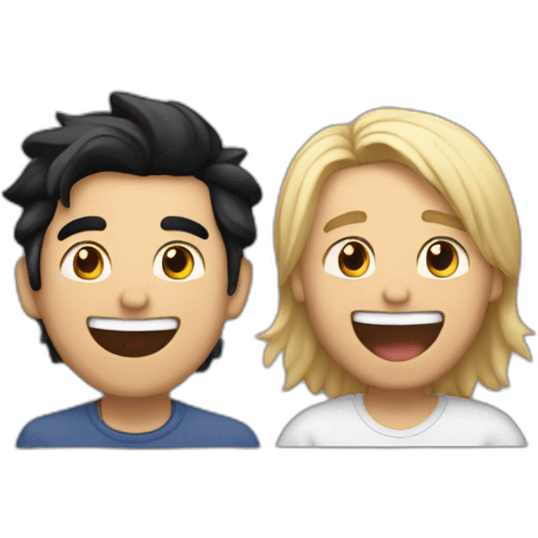 Gay couple, 1 guy Latino black straight hair and 1 Australian white guy with blonde slightly curly hair laughing full body and a cat as a pet emoji