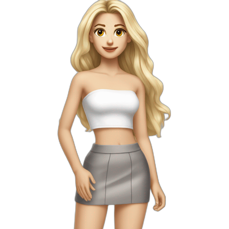 hyperrealist caucasian long hair blonde brown eyes strapless white top gray tight mini skirt black shoes emoji