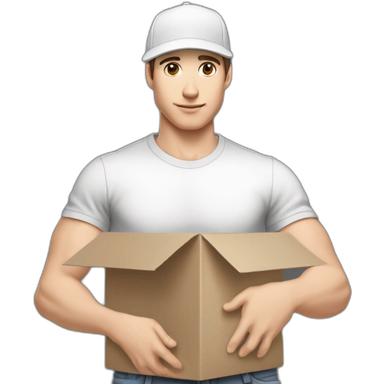 Pale skinned fit Man with dark brown hair in a white cap, gray jeans and gray polo T-shirt keeping a pasted with tape white box into his hands emoji