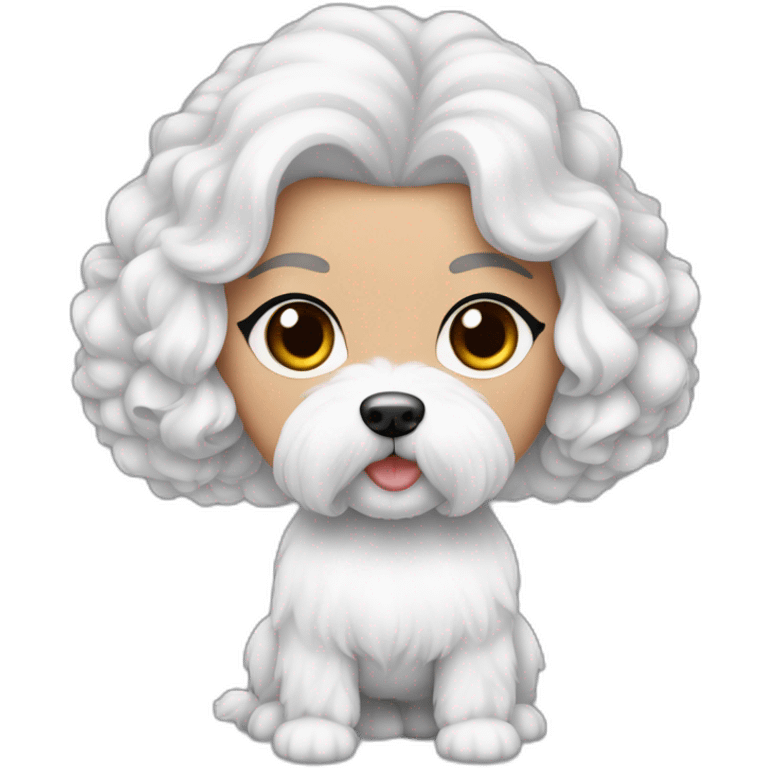 mujer piel blanca cabello negro con peinado de moño y perro bichon maltés blanco emoji