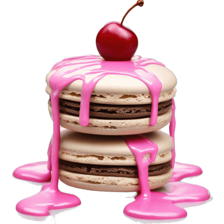 Single Realistic pastel macaron drizzled in metallic silver drip and pink cherry placed on top of the drip and cookies. emoji