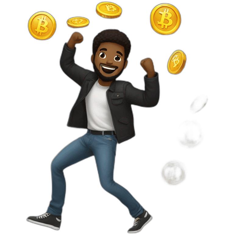 A young black man with beards dancing with joy while holding a bitcoin in his hand emoji