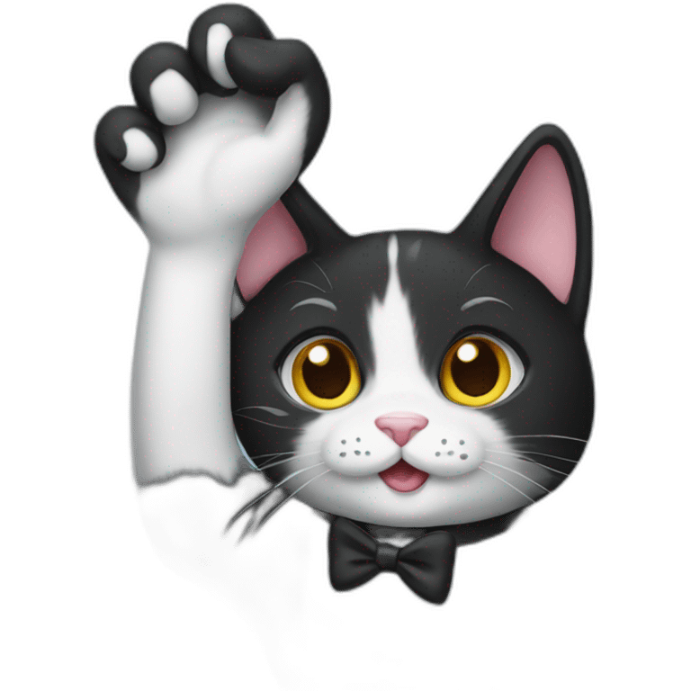 Tuxedo cat waving hello emoji