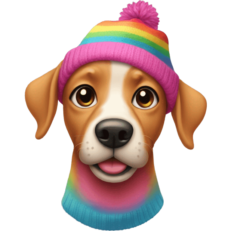 Pink dog wearing a rainbow beanie emoji