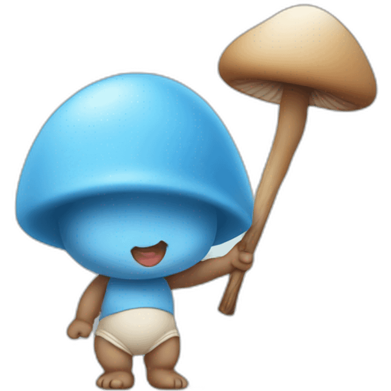  Cute Blue baby NO ears wearing a mushroom cap carrying a stick in one arm standing on two legs emoji