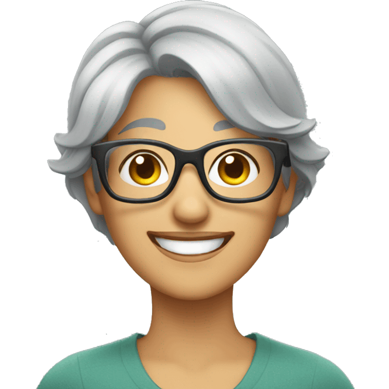 short grey haired Woman with glasses smiling emoji