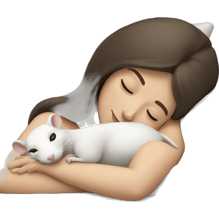 white brunette sleeping woman cuddling with one small white rat emoji