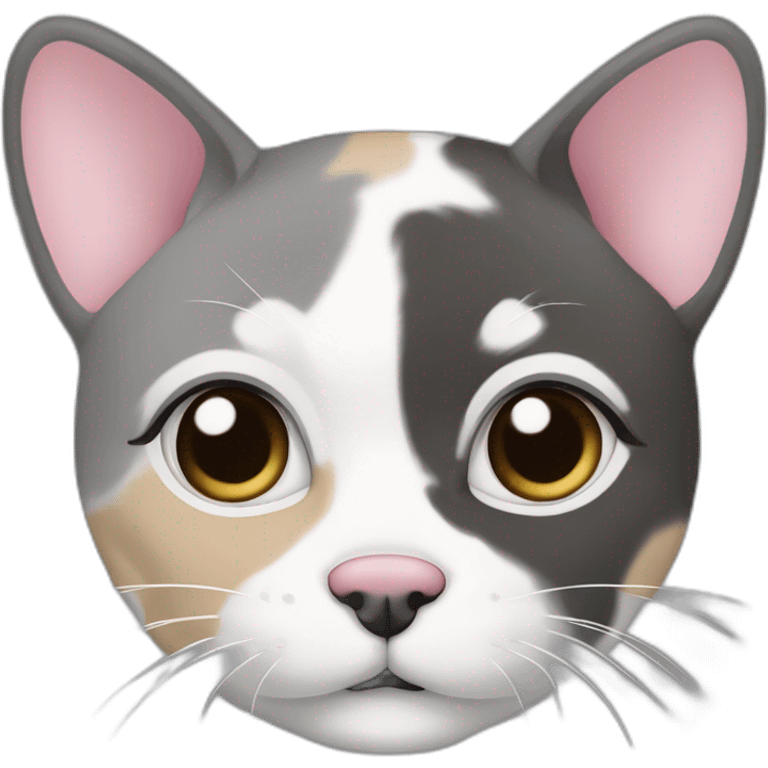 senior round diluted calico, white chin, black and pink nose, grey ears, grey and white emoji