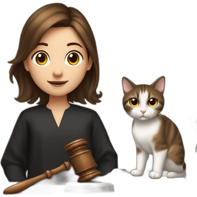 a young girl with brown hair grabbing a Gavel like a judge, and with two cats behind her, one black and the other one snowshoe emoji