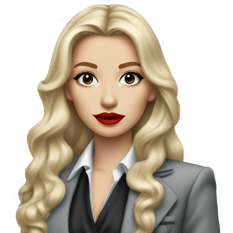 Russian Blonde long hair with big red lips small nose and black eyes Tiffany diamond seller in a grey suit emoji