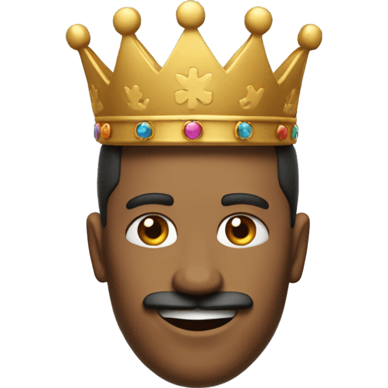 the head of a man with a king's crown, a mustache, smiling and making the peace sign emoji