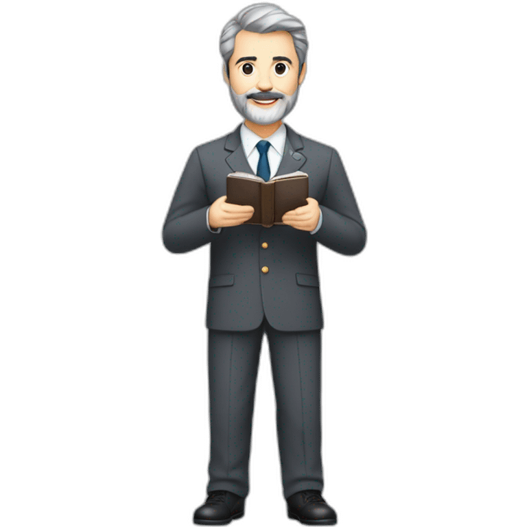 husband classy caucasian 55 some dark gray hair trimmed beard wearing business suit holding bible, with wife asian age 55 dark hair nurse uniform, no children emoji